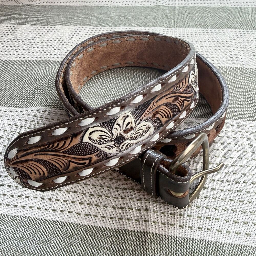Vintage Nocona Tooled Leather Belt Brown Tan White Floral Name Louis Men’s 38